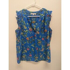 EUC Rose + Olive Blue Floral Sleeveless V Neck Ruffle Blouse Vacation Light